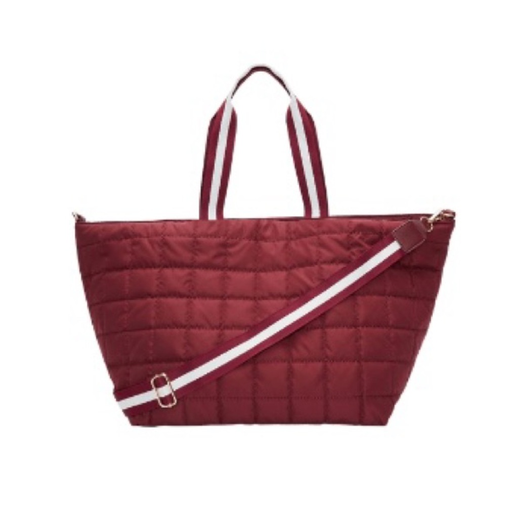 SUMMER & ROSE Quilted Duffel Maroon Tote Bag with Striped Handles, new!